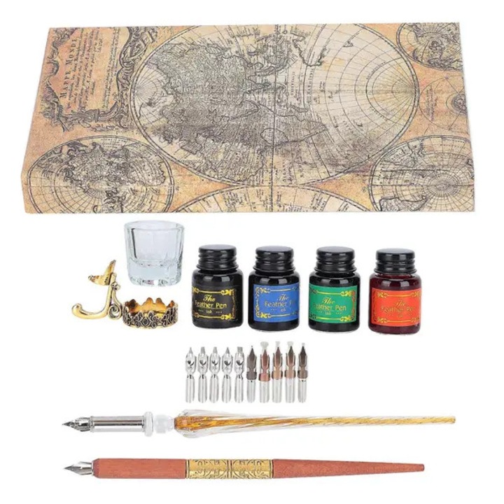 Set pentru caligrafie si scris 31CJ-K0274-260814-1780, 2 stilouri (sticla si lemn), 10 varfuri din otel inoxidabil, 4 x cerneala colorata, suport pena si pahar, Multicolor, 24x13.5x4.3 cm