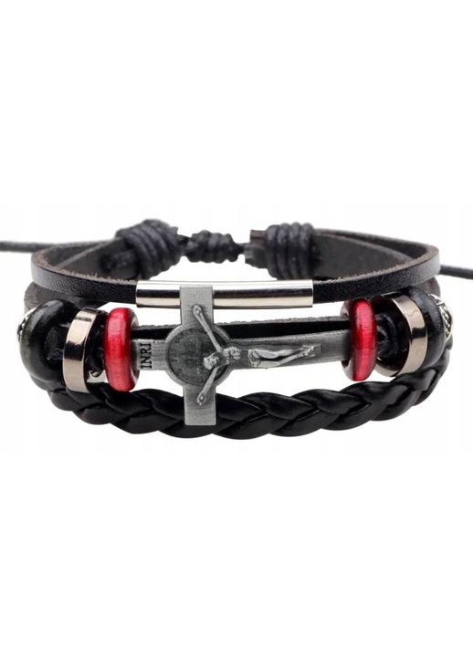 Bratara din piele sintetica multistrat impletita cu pandantiv cruce metalica, stil vintage/punk, negru/rosu, marime ajustabila