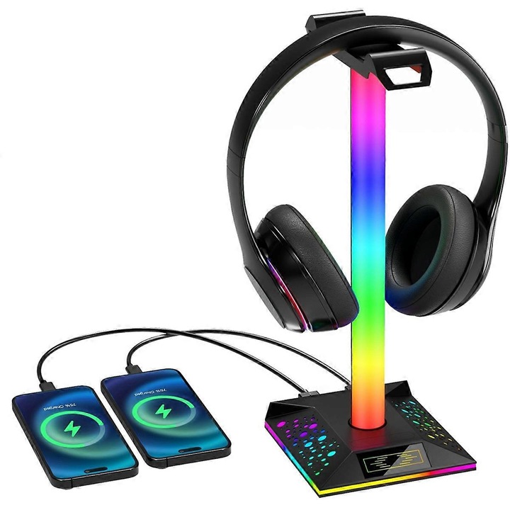 ECJ-14089 fejhallgató tartó, RGB, 10 mód memória funkcióval, 2 USB 2.0 port + 1 USB-C, fekete, műanyag