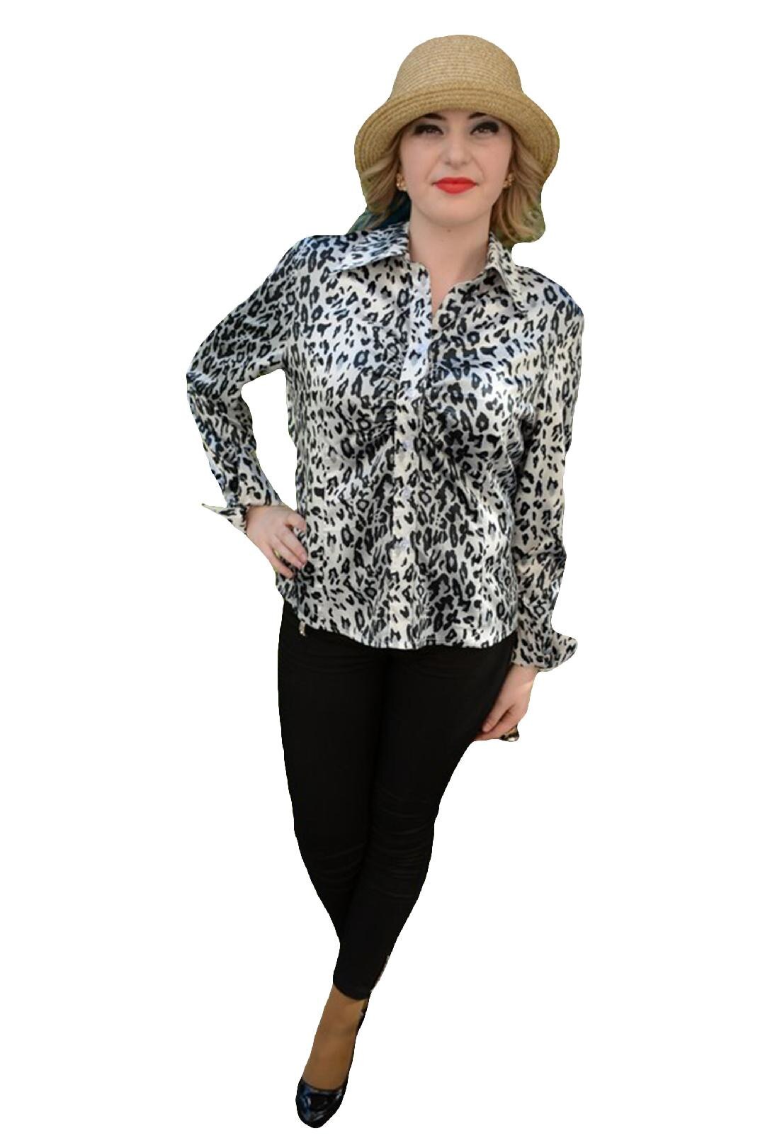 Camasa cu maneca lunga, eleganta, din saten ,masura mare, D&J Exclusive, Alb/Negru