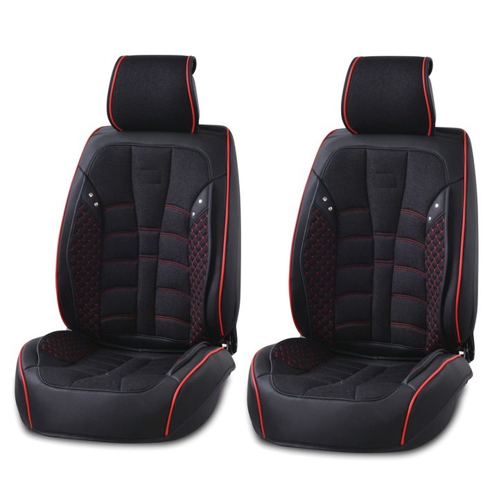 Комфортна, висококачествена Еко - кожа Калъф/тапицерия за предни седалки Flexzon, Черно с Червен Шев