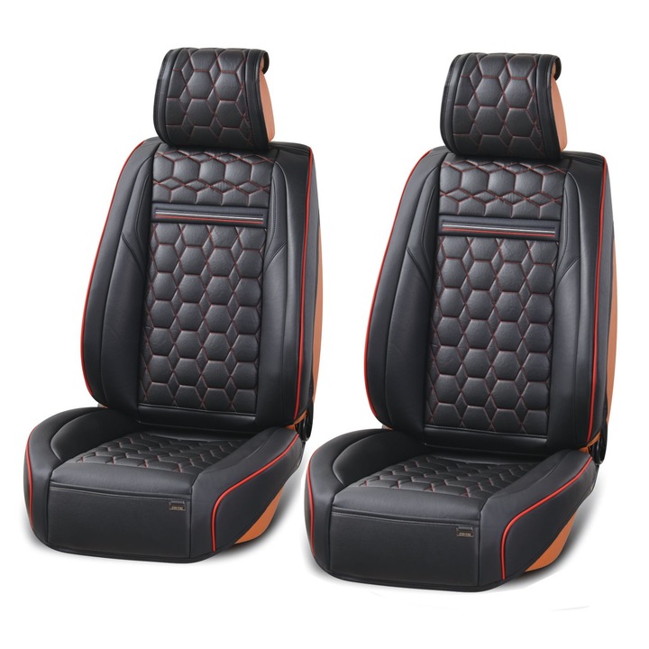 Комфортна, висококачествена Еко - кожа Калъф/тапицерия за предни седалки Flexzon, Черно с червена линия