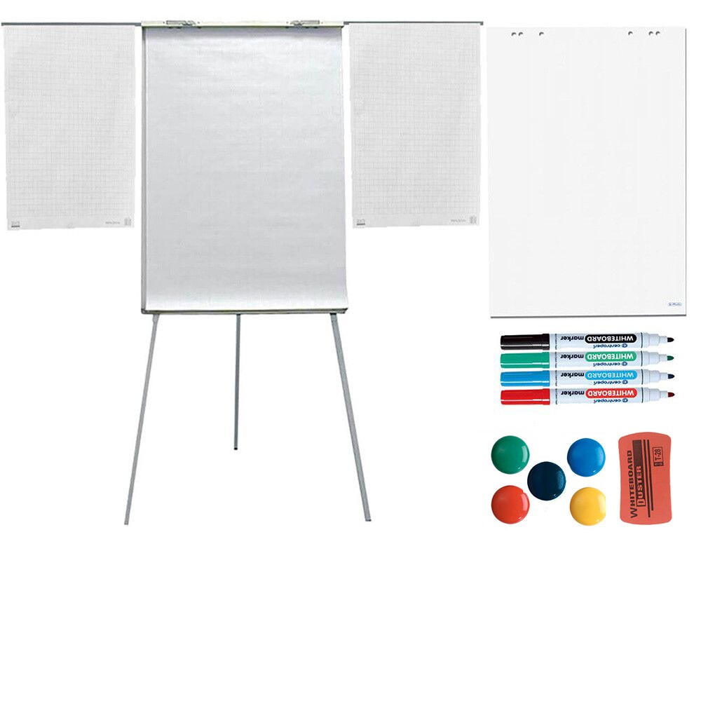 Pachet flipchart magnetic 70x100 cm, brate laterale, inaltime ajustabila, clema prindere hartie si accesorii: rezerva hartie, markere, burete si 5 magneti