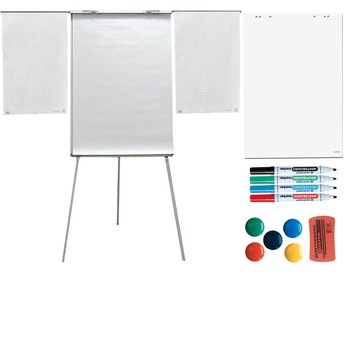 Pachet flipchart magnetic 70x100 cm, brate laterale, inaltime ajustabila, clema prindere hartie si accesorii: rezerva hartie, markere, burete si 5 magneti Pachet flipchart magnetic 70x100 cm, brate laterale, inaltime ajustabila, clema prindere hartie si accesorii: rezerva hartie, markere, burete si 5 magneti