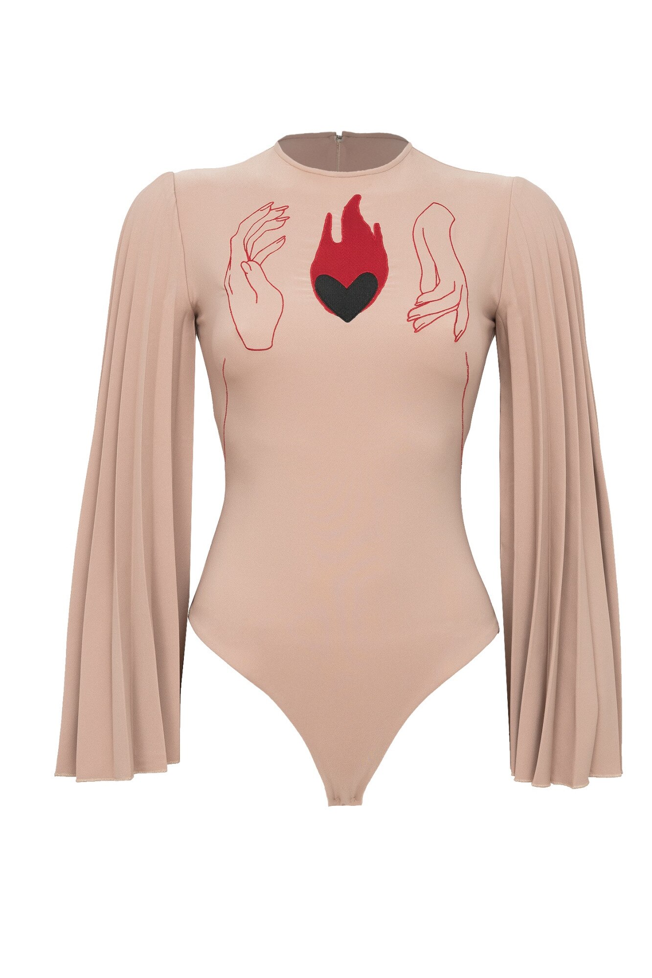 Body nude cu broderie si maneci plisate