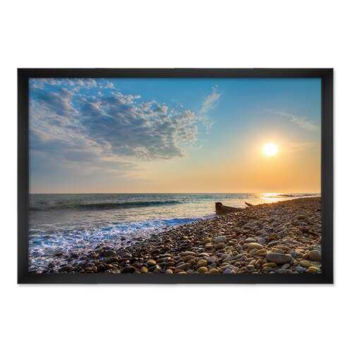Tablou Inramat - Peisaj, Natura, Mare, Valuri, Plaja, Pietre, Apus de soare, Vara, Liniste, Rama Neagra, 60 x 90 cm