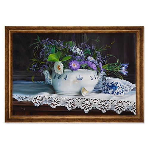 Tablou Inramat - Peisaj, Natura moarta, Flori, Primavara, Mov, Rama Auriu, 60 x 90 cm