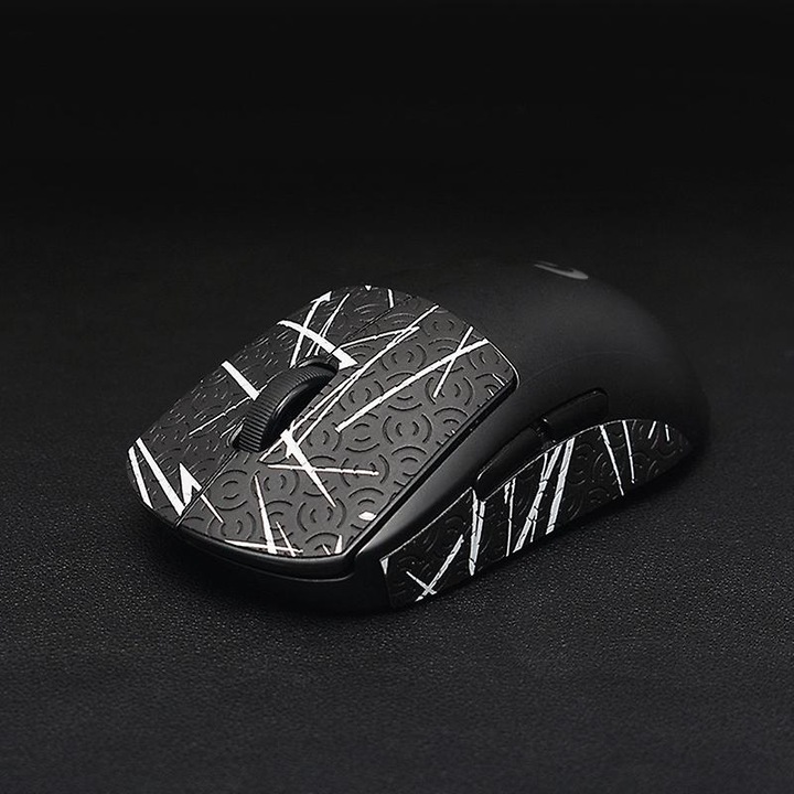 Csúszásgátló egér matrica ECJ-26651, kompatibilis a Logitech G Pro Wireless GPW-vel, gyík bőr hatású, csúszásgátló és izzadságelnyelő, áthelyezhető ragasztó maradék nélkül, fekete/fehér, 1. szett