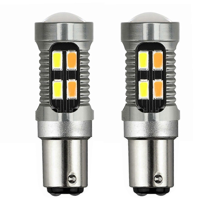 LED két színű izzó 1157 BAY15D P21/5W ECJ-37558, 20 SMD 5630, 5W, 12V, Canbus nem polarizált, alumínium, fehér/borostyán, 2 db-os szett