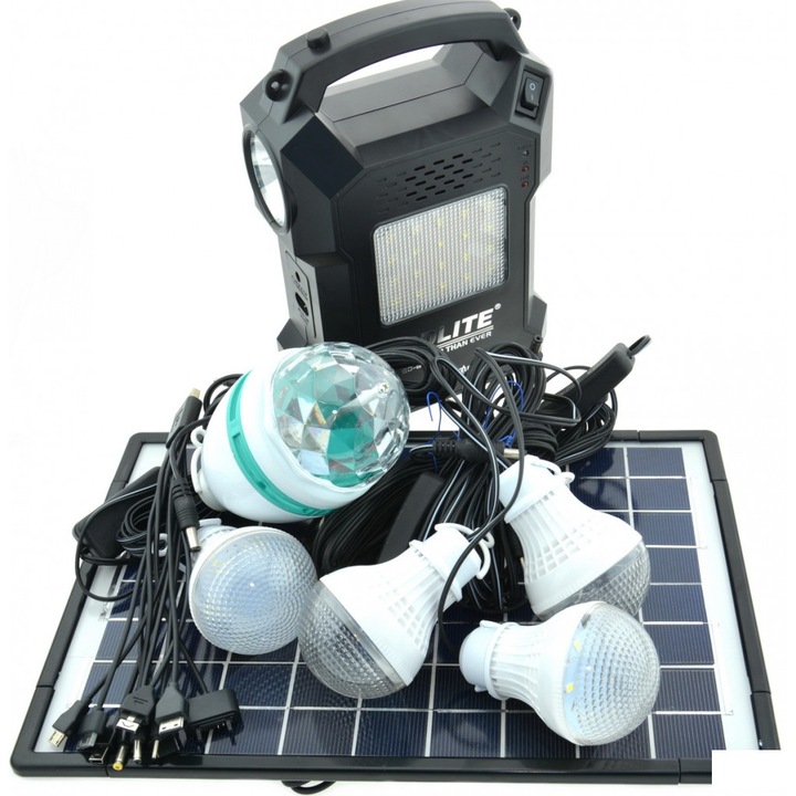 Kit panou solar mare GD-8025 acumulator 12V cu 5 becuri LED USB Radio MP3