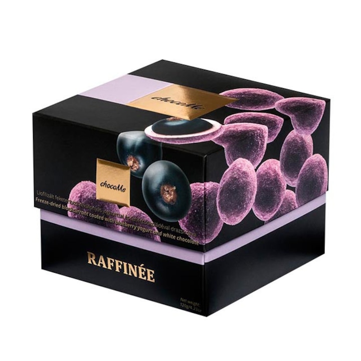 Ciocolata artizanala chocoMe Raffinee - coacaze negre invelite in ciocolata alba cu iaurt