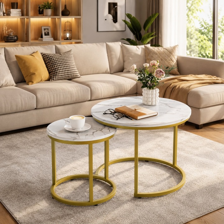 Set 2 masute de cafea Joyful Box, rotunde, suprapuse, pentru living, blat sinterizat aspect marmura alba, cadru metalic auriu, design modern, rezistente la apa si zgarieturi, 70 x 43, 5 cm si 50 x 39, 5 cm, usor de curatat, premium, Alb/Auriu