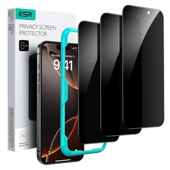 ESR Pachet 3 x Folie Sticla Securizata Compatibila Cu iPhone 18 Pro, Aplicator Inclus, Montaj Usor, Privacy - Antispy