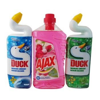 Set 3 produse pentru curatare si dezinfectare: Duck WC lichid marine, 750 ml+Duck WC lichid pine, 750 ml + Solutie pardoseli Ajax Tulip 1l Set 3 produse pentru curatare si dezinfectare: Duck WC lichid marine, 750 ml+Duck WC lichid pine, 750 ml + Solutie pardoseli Ajax Tulip 1l