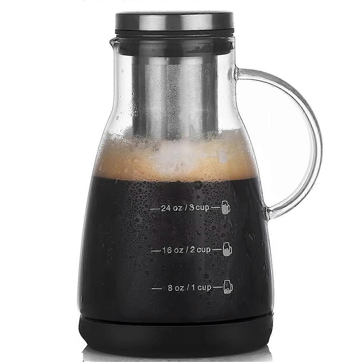 Infuzor cold brew pentru cafea si ceai ECJ-45741, sticla cu filtru din inox si elemente din silicon, negru, 960 ml