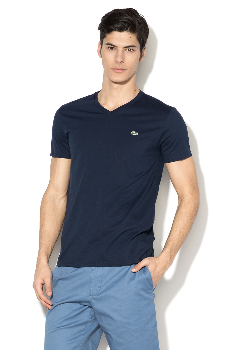 Lacoste, Tricou din bumbac cu decolteu in V, Albastru marin