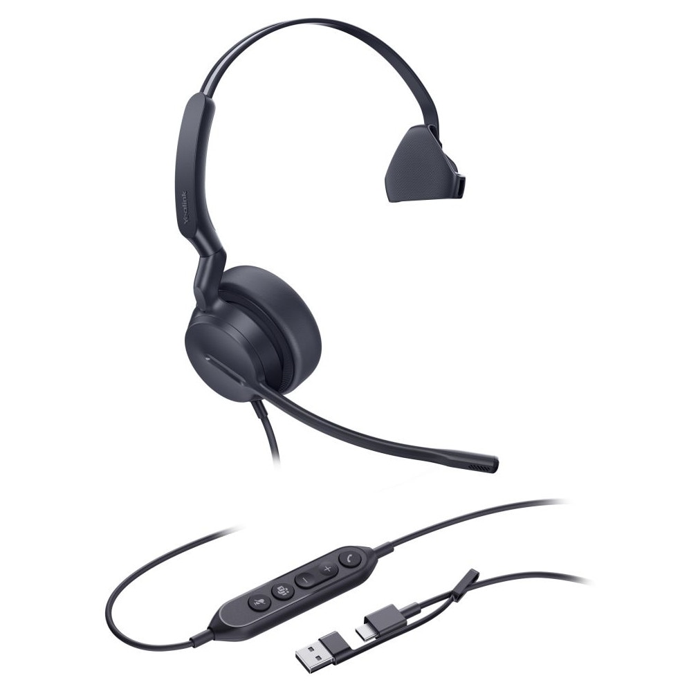 Casti mono Yealink UH44, model 1308241, USB-C/USB-A, microfon cu brat, comenzi inline, 20 Hz-20 kHz, negru