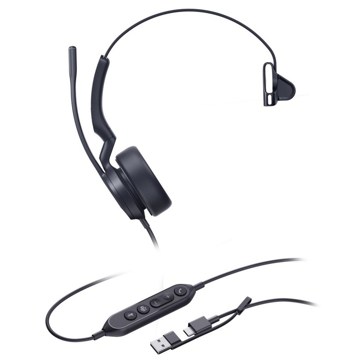 Casti mono Yealink UH44, model 1308241, USB-C/USB-A, microfon cu brat, comenzi inline, 20 Hz-20 kHz, negru