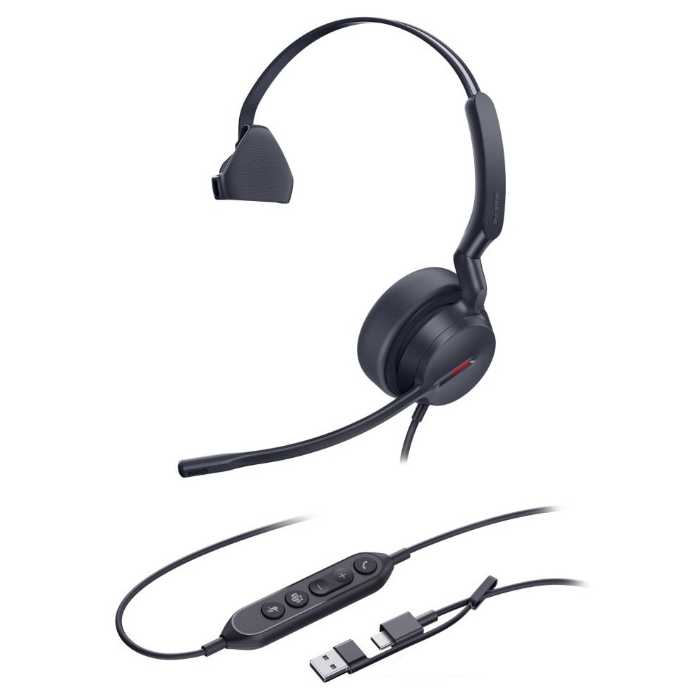 Casti mono Yealink UH44, model 1308241, USB-C/USB-A, microfon cu brat, comenzi inline, 20 Hz-20 kHz, negru