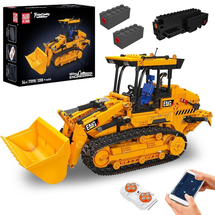 Set de Constructie, Mould King, Technic, Incarcator pe Senile RC, 1208 Piese, Utilaj de Constructii cu Telecomanda si APP, Model STEM, 38, 5x15x18, 7 cm, 14+ Ani