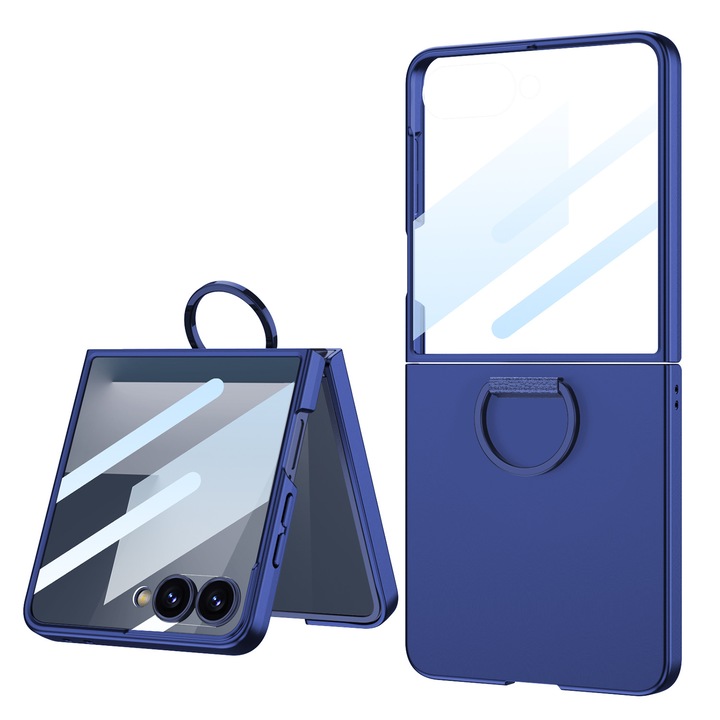 Husa de protectie Case Inel cu inchidere D+Protectie Ecran din Sticla husa pliabila all-in-one, Sticla Ecran Integrata pentru Samsung Galaxy Flip8, albastru