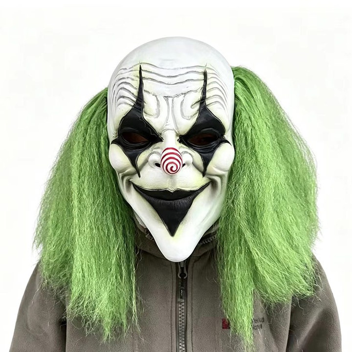 Masca din latex full‑face, clovn horror cu par sintetic verde, model k0587-260824-1591, Multicolor, marime universala