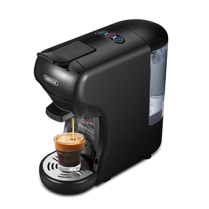 Espressor cafea design compact, HiBREW H1A 4 in 1 Coffee Maker, compatibil Nespresso, Dolce Gusto, K-Cup, paduri ESE, cafea macinata, presiune 19 Bar, putere 1450W, incalzire rapida