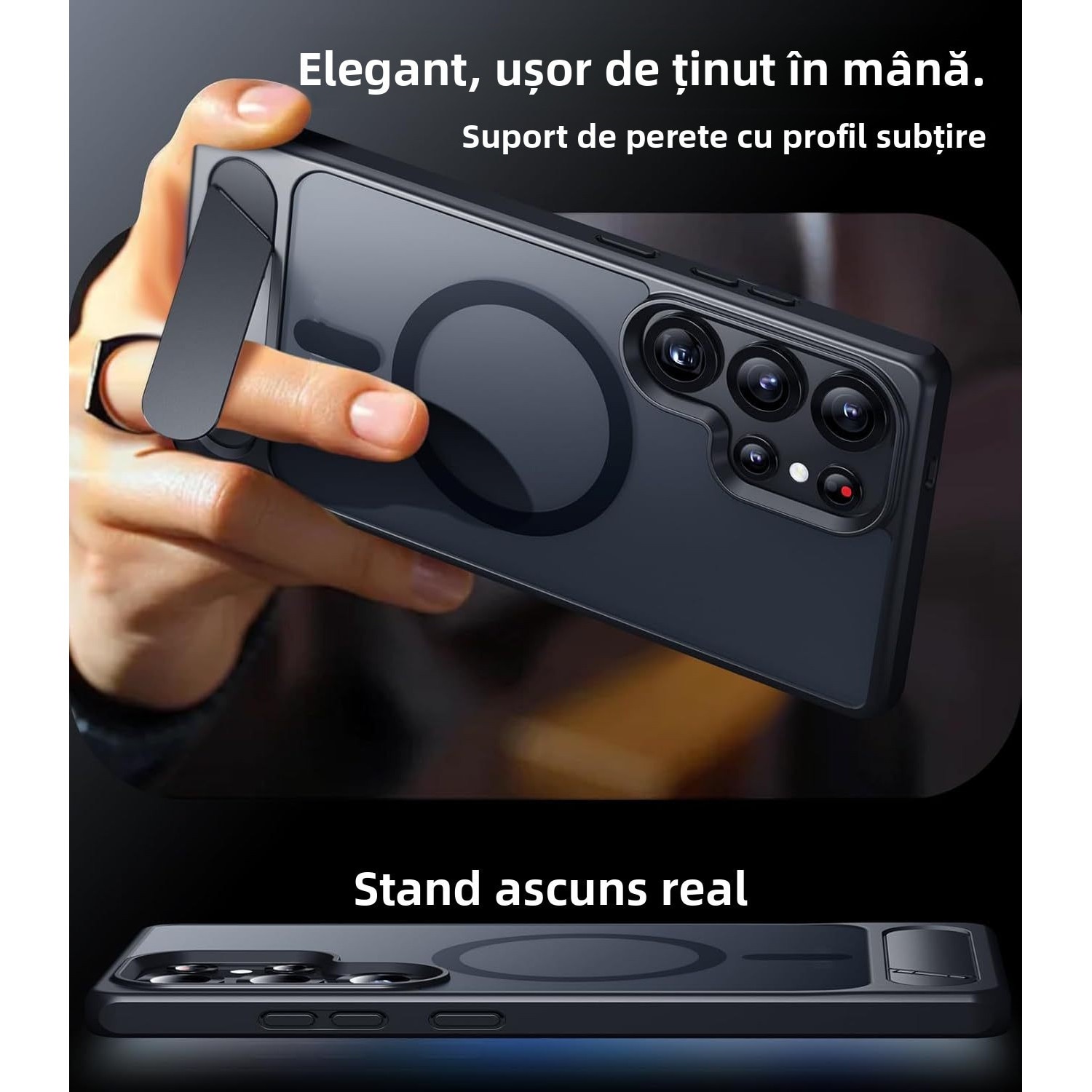 Husa pentru Samsung Galaxy s26 Ultra, compatibil cu magnetic, cu suport integrat, Design Mat, Protectie Antisoc, Textura Placuta la Atingere, Negru
