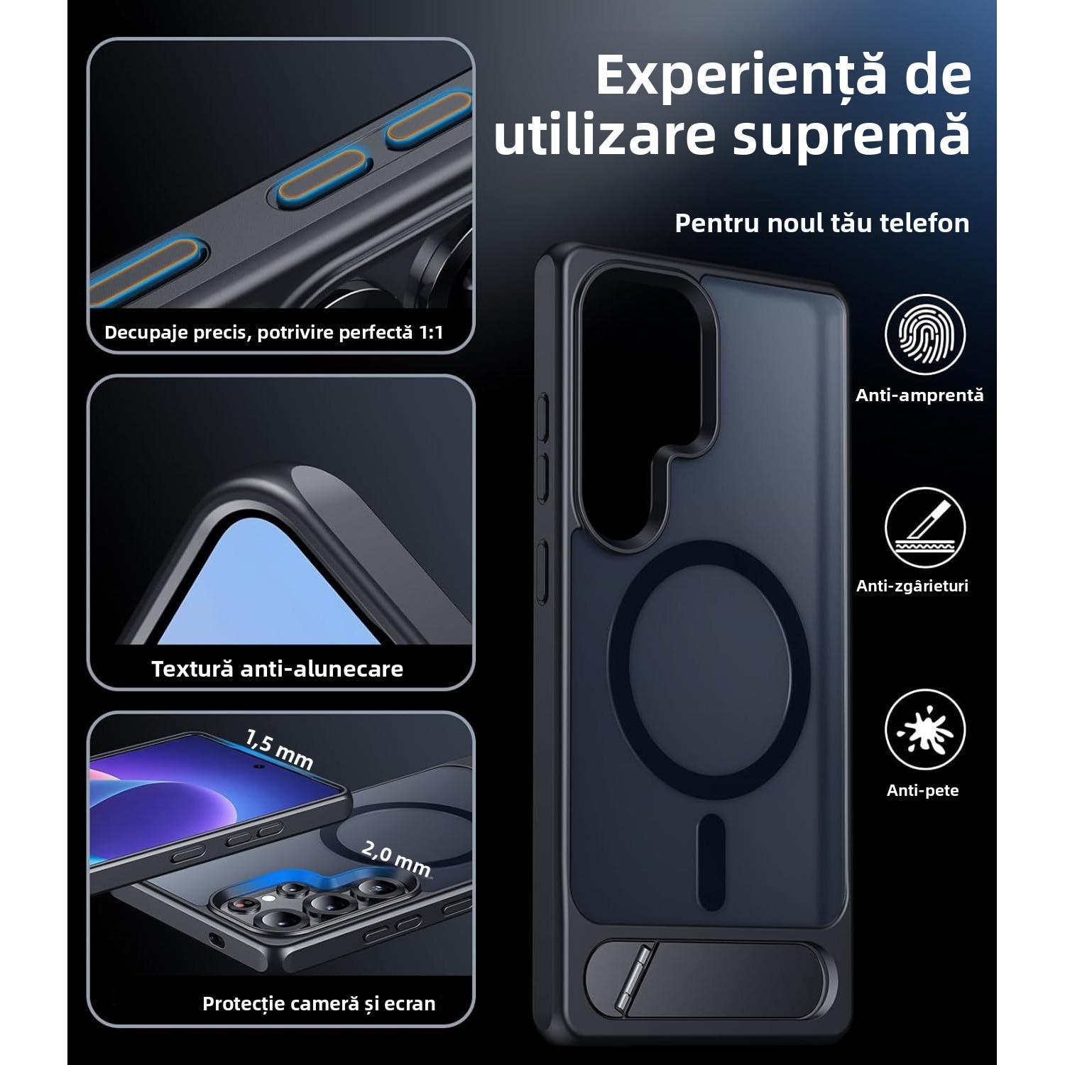 Husa pentru Samsung Galaxy s26 Ultra, compatibil cu magnetic, cu suport integrat, Design Mat, Protectie Antisoc, Textura Placuta la Atingere, Negru