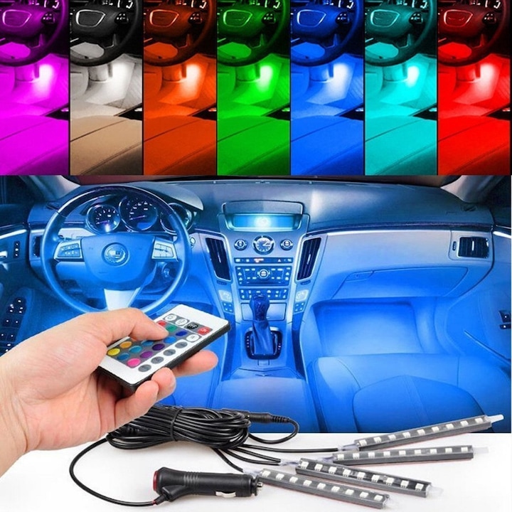 AutoLux LED Beltéri Világítás Autóba, többszínű, RGB, távirányítóval