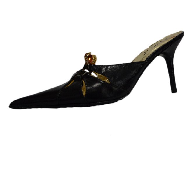 Sandale tip saboti, din piele naturala, decorata cu cristale, D&J Exclusive, Negru