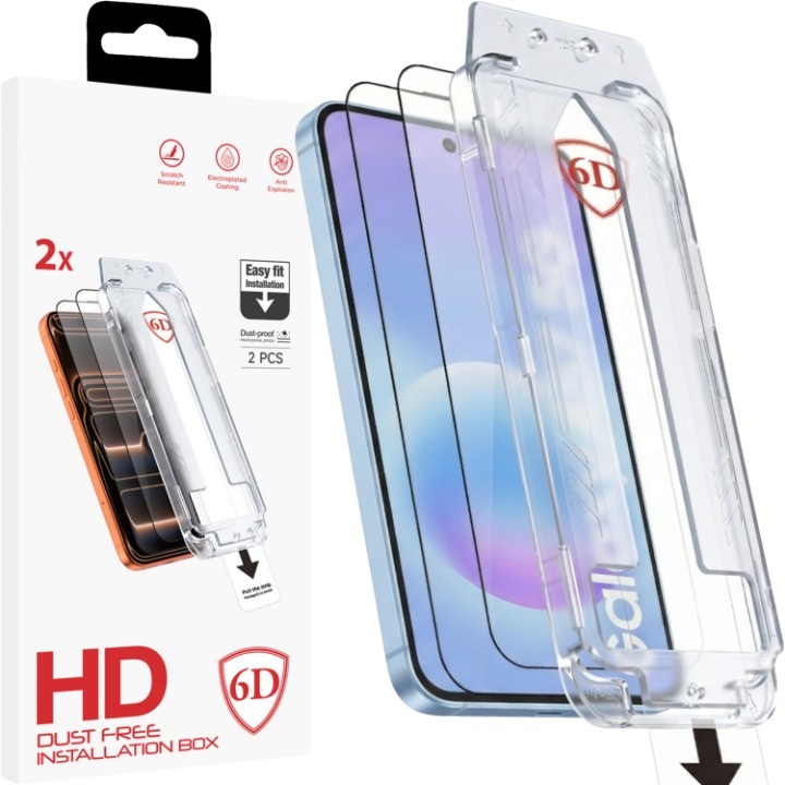 2 darabos képernyővédő fólia készlet Samsung Galaxy A56 / A57 / A36 / A37 / S25 FE 5G telefonhoz, edzett biztonsági üveg, pormentes, könnyen felhelyezhető, teljes felületen ragasztott 6D, fekete szélekkel