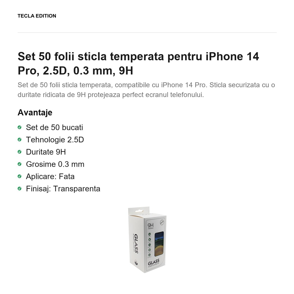 Set 50 folii sticla temperata pentru iPhone 14 Pro, 2.5D, 0.3 mm, 9H