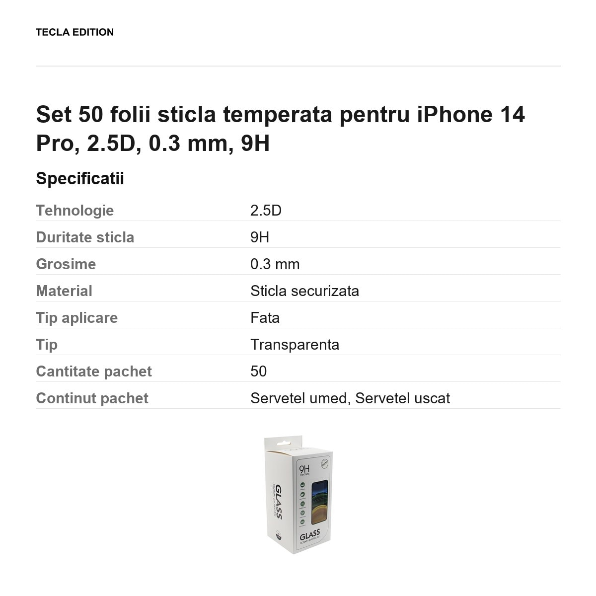 Set 50 folii sticla temperata pentru iPhone 14 Pro, 2.5D, 0.3 mm, 9H