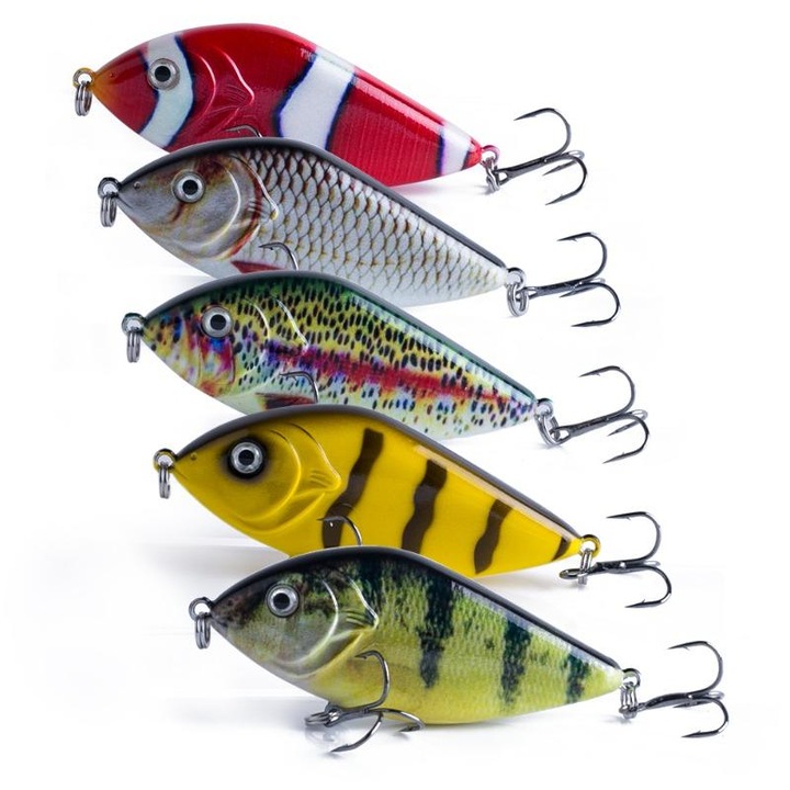 Naluca vibratie glider jerkbait K0345-0817-JMCJ-xw711, бавно потъваща със звукови топчета, 3D очи, тройни куки от карбон #6, 70 мм/15.5 г или 100 мм/45 г, многоцветна