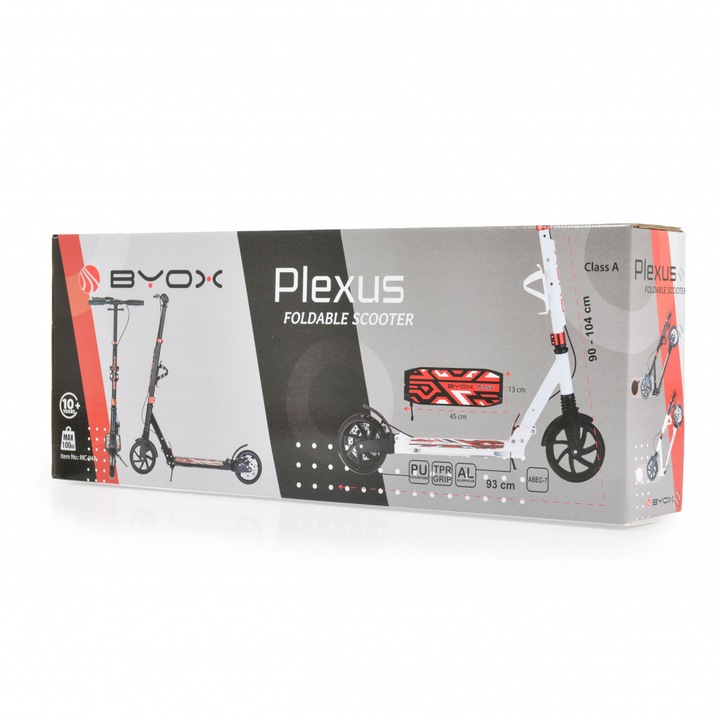 Trotineta cu cadru din aluminiu,3 nivele de reglare a inaltimii, roti PU, suspensii, frana de mana pe disc, de la 10 ani pana la 100kg Byox Plexus White cu suport sticla si centura transport incluse