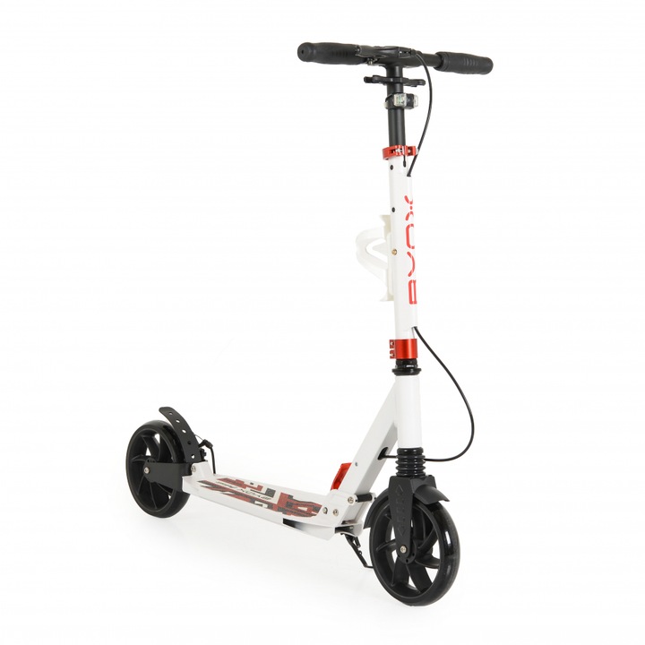 Trotineta cu cadru din aluminiu,3 nivele de reglare a inaltimii, roti PU, suspensii, frana de mana pe disc, de la 10 ani pana la 100kg Byox Plexus White cu suport sticla si centura transport incluse