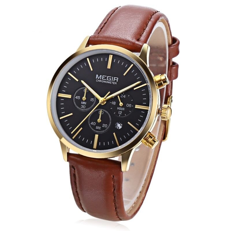 Ceas dama Quart, afisaj analog, timp, cronograf, calendar, piele ecologica, Megir