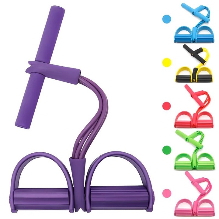 Fitness készülék pedálokkal és 4 elasztikus csővel K0345-0817-JMCJ-xw5677, multifunkcionális lábakra, hasra és karokra, lila