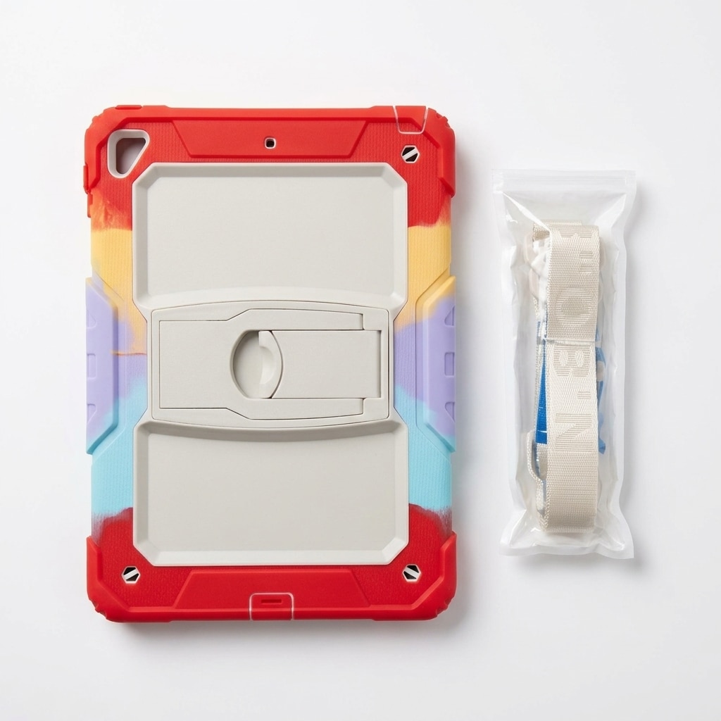 Husa tableta antisoc pentru iPad 9.7 inch gen 5/6 si Air 1/2, suport rotativ, curea de umar inclusa, multicolor camuflaj