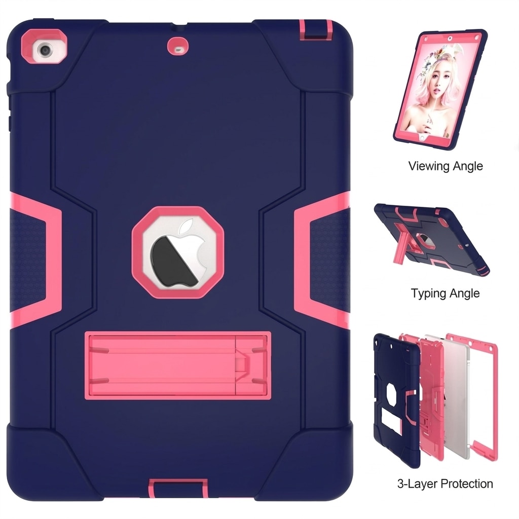 Husa tableta antisoc pentru iPad 9.7 inch, protectie 3 straturi, suport pliabil reglabil, bleumarin cu roz