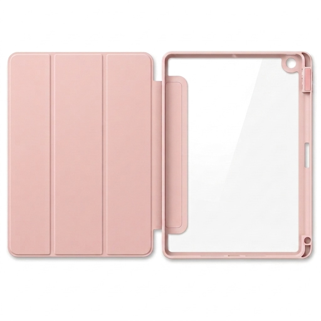 Husa tip carte pentru iPad 10.2 inch (gen 7/8/9), spate transparent, slot creion, sleep/wake automat, roz
