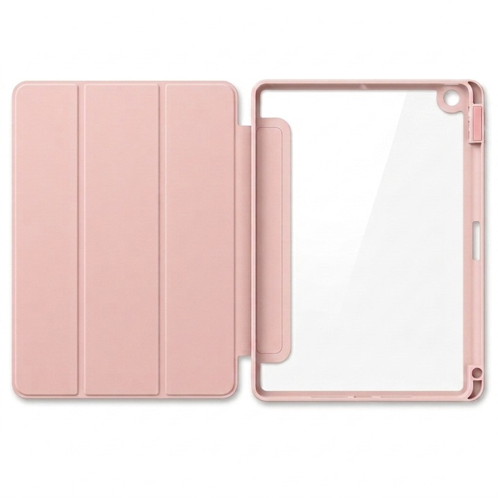 Husa tip carte pentru iPad 10.2 inch (gen 7/8/9), spate transparent, slot creion, sleep/wake automat, roz