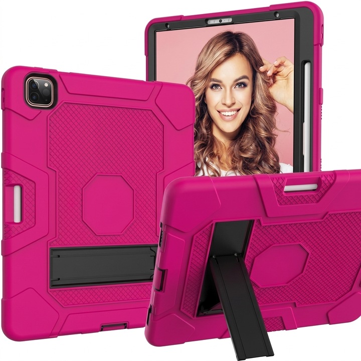 Husa tableta antisoc pentru iPad Pro 12.9 inch (2018-2022), protectie 3 straturi, suport pliabil, slot creion, roz fucsia