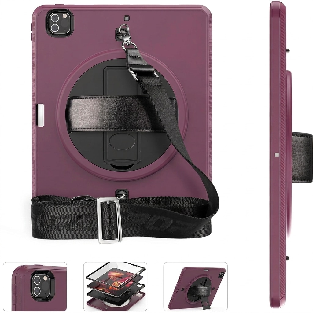 Husa tableta antisoc pentru iPad Pro 12.9 inch (2018-2022), suport rotativ 360°, maner si curea de umar, bordo