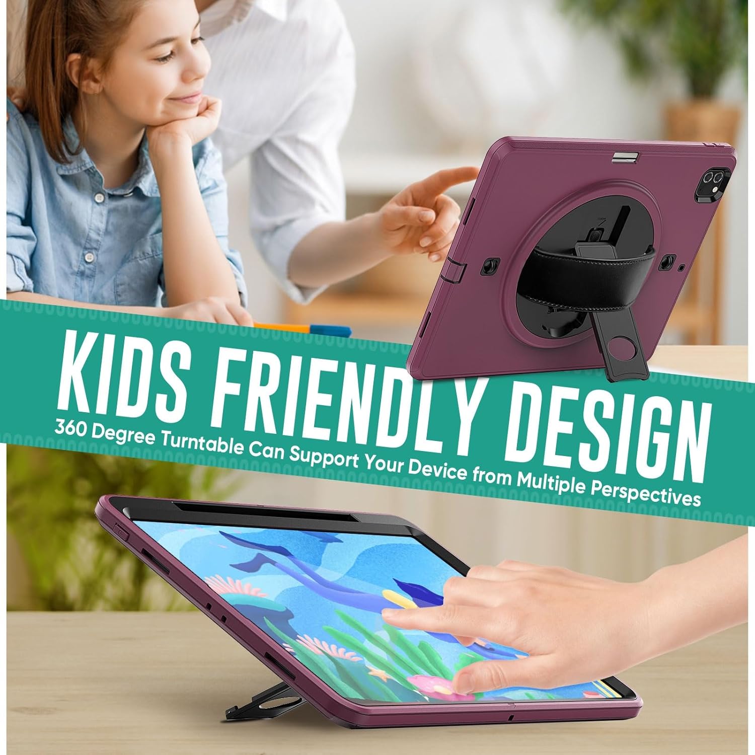 Husa tableta antisoc pentru iPad Pro 12.9 inch (2018-2022), suport rotativ 360°, maner si curea de umar, bordo