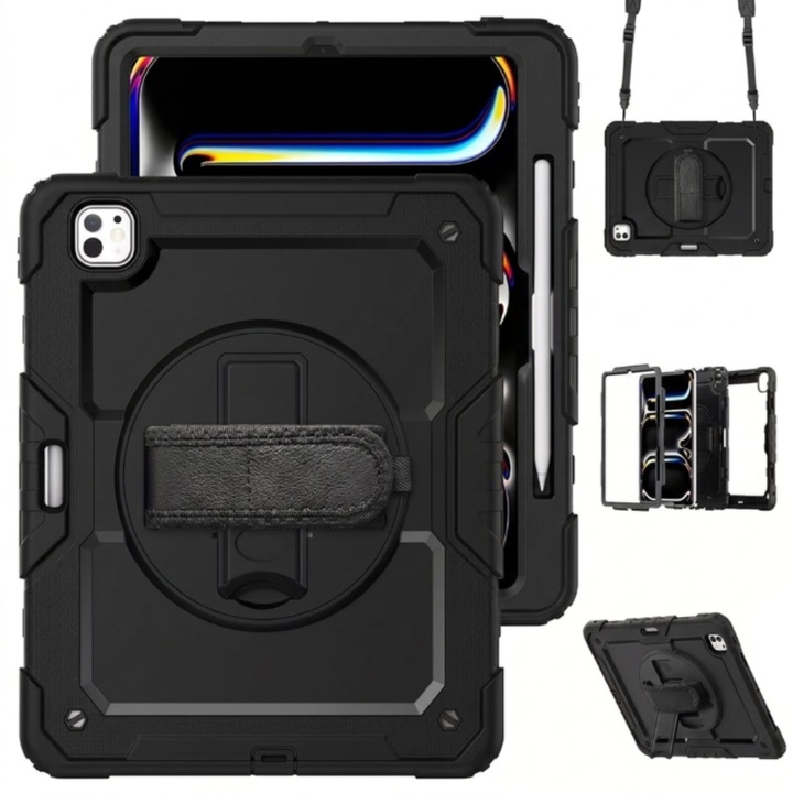 Husa tableta antisoc pentru iPad Pro 12.9 inch (2018-2022), suport rotativ 360°, maner si curea de umar, slot creion, negru