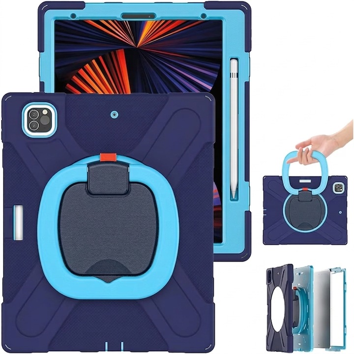 Husa tableta antisoc pentru iPad Pro 12.9 inch (2018-2022), maner rotativ 360°, slot creion, bleumarin