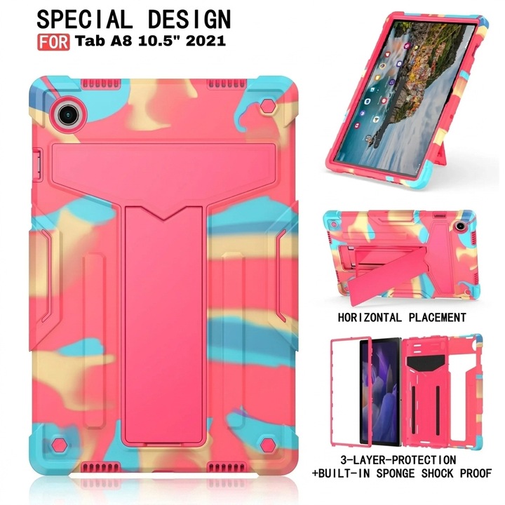 Husa tableta antisoc pentru Samsung Galaxy Tab A8 10.5 (X200/X205), protectie 3 straturi, suport pliabil, multicolor camuflaj
