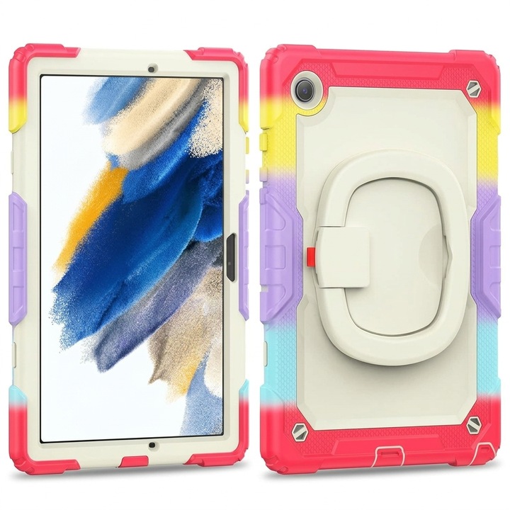 Husa tableta antisoc pentru Samsung Galaxy Tab A8 10.5 (X200/X205), maner rotativ 360°, multicolor curcubeu